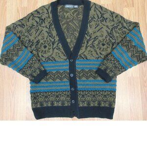 VTG J.T. BECKETT ACRYLIC CARDIGAN BLACK/BROWN/TEAL Sz LARGE, L